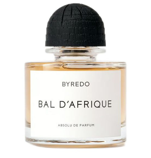 Byredo Bal d’Afrique Absolu fragrance decant, luxury minimalist bottle, warm golden hues.