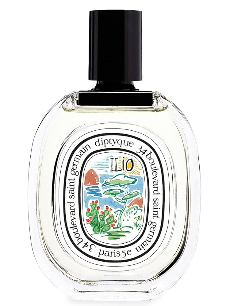A bottle of diptyque ilio with a colourful label.