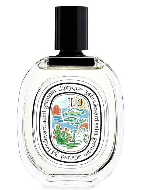 A bottle of diptyque ilio with a colourful label.
