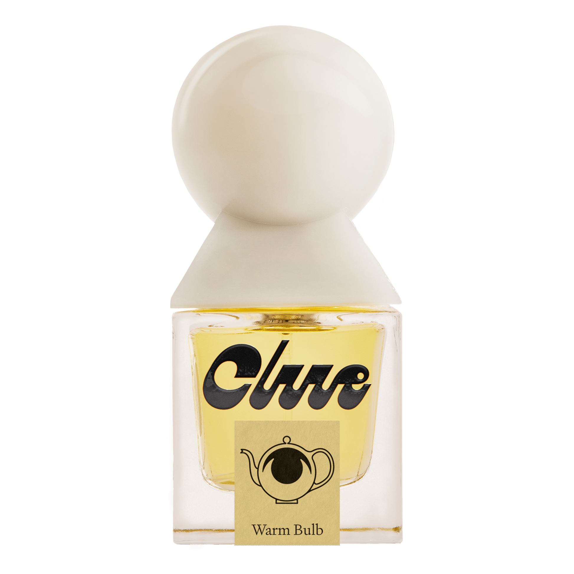 Perfume bottle labeled 'Clue' with a yellow label on a white background
