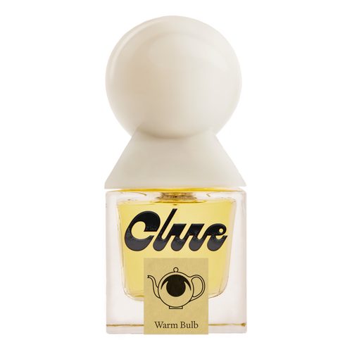 Perfume bottle labeled 'Clue' with a yellow label on a white background